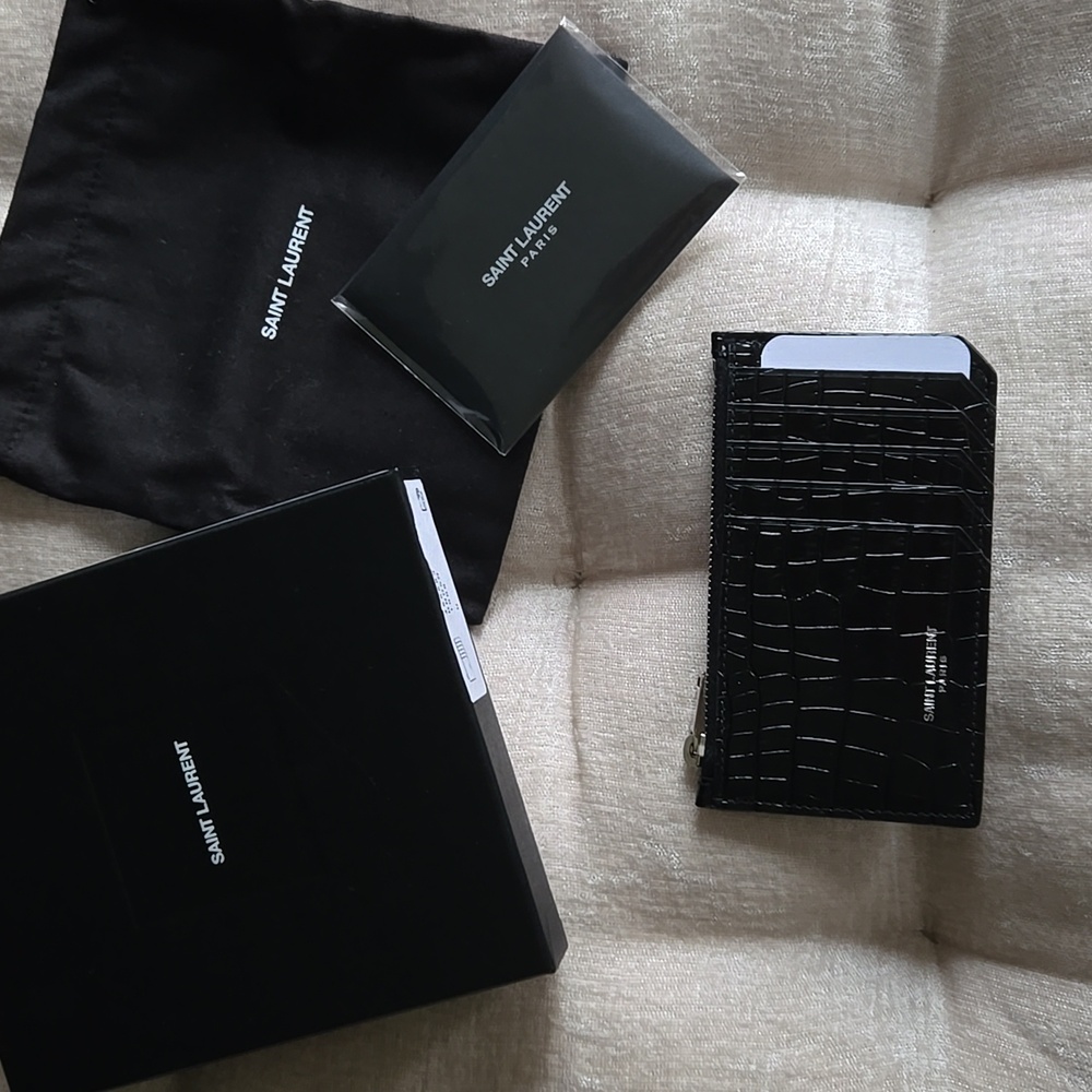 SAINT LAURENT YSL Fragments Zipped Card Case in Crocodile-Embossed Leather